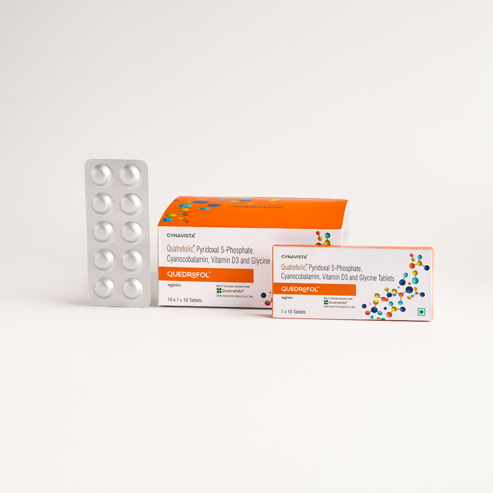 Quatrefolic 600mcg + PyridoxL-5-Phosphate 2.30mg + Cyanocobalamin 2.75mcg + Vitamin D3 600IU + Glycine 10mg